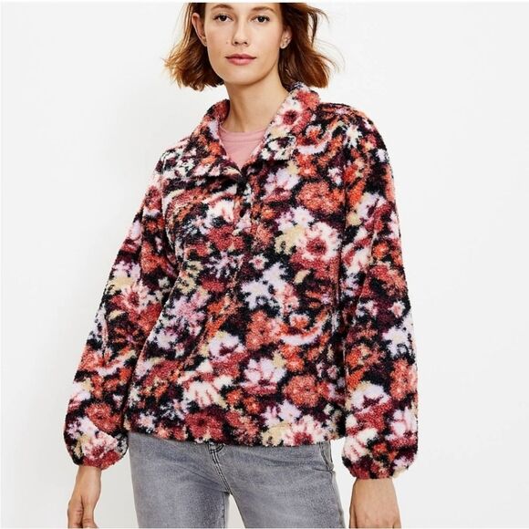 Loft Sherpa Floral Snap Collar Pullover Sweater Size Medium - Picture 9 of 10